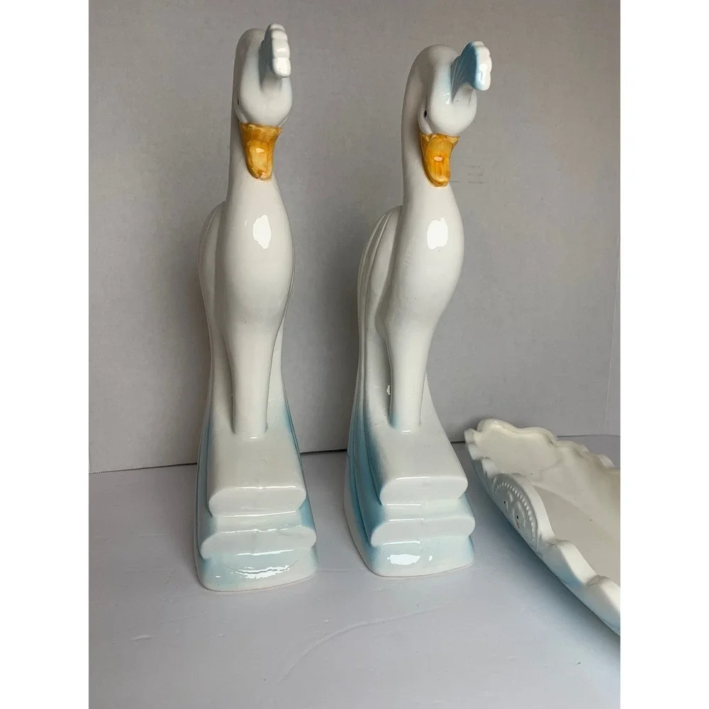 Vintage 1988 Artmark Chicago Ceramic Crane Figurine‎ Console Set White Blue 3pc